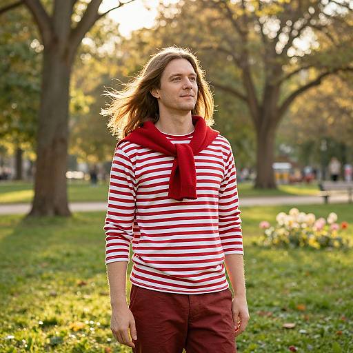 Man in Striped Shirt in Sunlit Park
