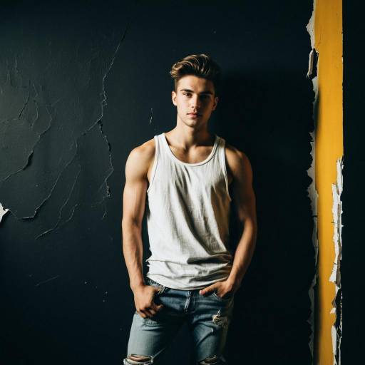 Young Man in White Tank Top Against Textured Wall