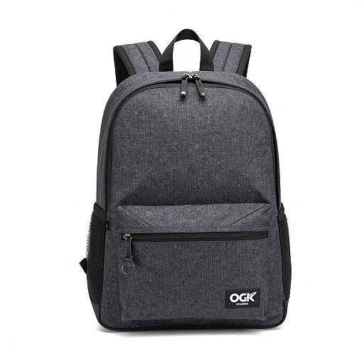 Photograph of a black, textured, rectangular backpack with two side zip pockets, a top zipper, and 
