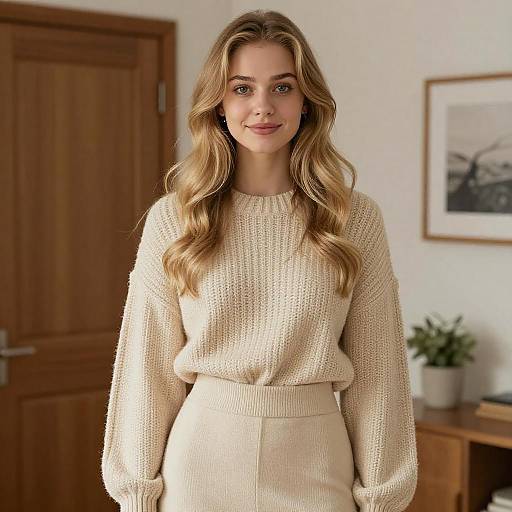 Young Woman in Cream Knit Outfit