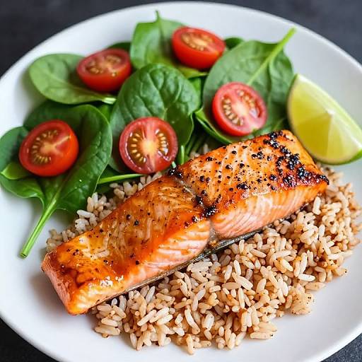 Miso-lime glazed salmon with brown rice and spinach salad