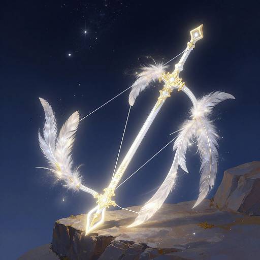 Photograph of a glowing, luminescent sword with white feather-like accents, forming an arch against a starry night sky, perched on a