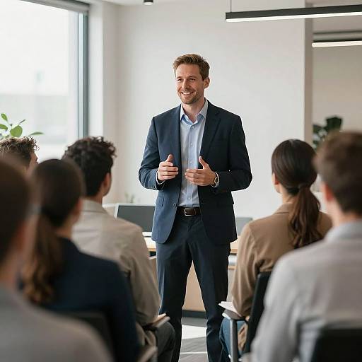 Photograph of a smiling, bearded white man in a dark blue suit, standing and gesturing with thumbs up, speaking to seated attendees in a