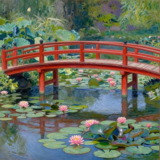 Vibrant digital painting of a red Japanese-style bridge over a serene pond with pink lotus flowers and green lily pads.