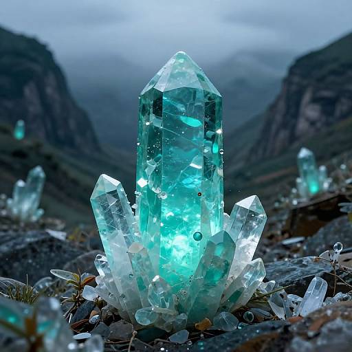 Photograph of glowing, translucent turquoise crystal cluster with multiple facets, set against a misty, mountainous background with additional crystals.