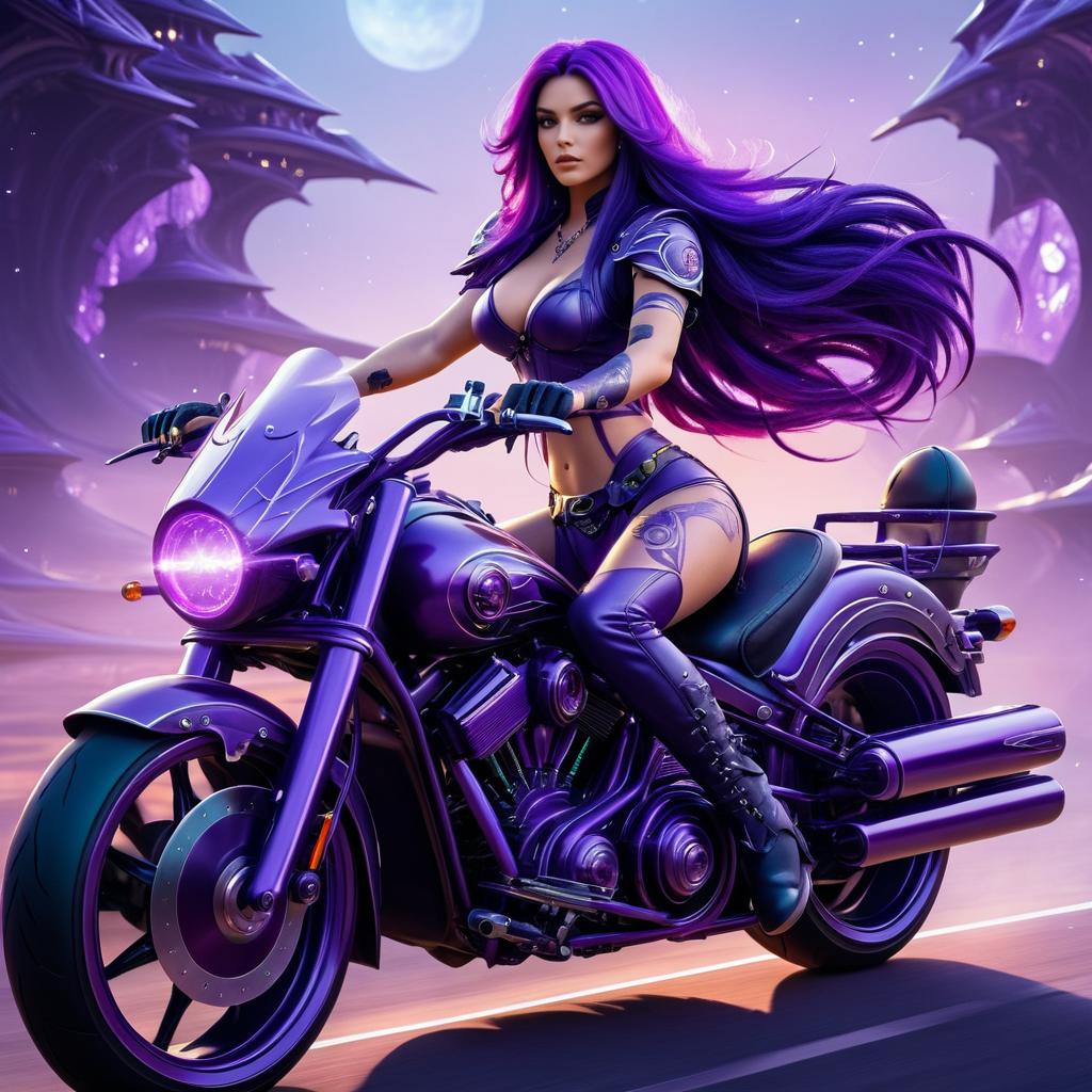 Fantasy Woman with Purple Hair on Motorcycle