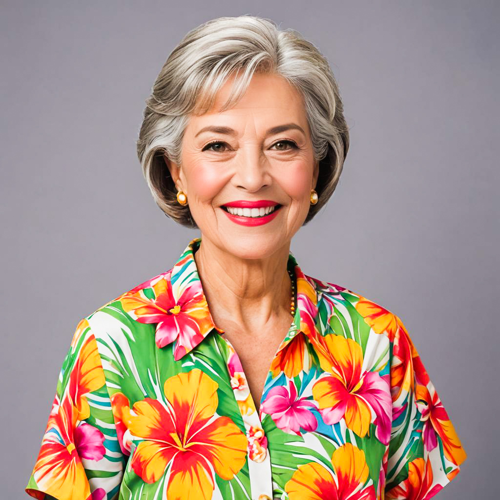 Cheerful Elderly Woman in Hawaiian Luau Outfit