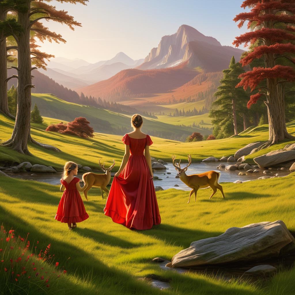 Tranquil Meadow Scene with Deer and Girl