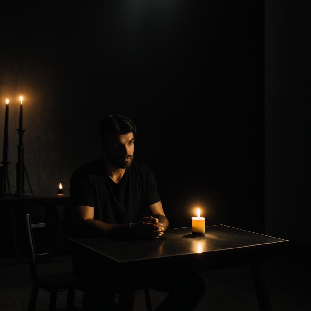 Melancholy Man in Candlelit Darkness