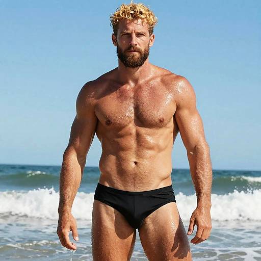 Photograph of a muscular, bearded man with curly blonde hair, wearing black swim briefs, standing in the ocean waves under a clear blue sky