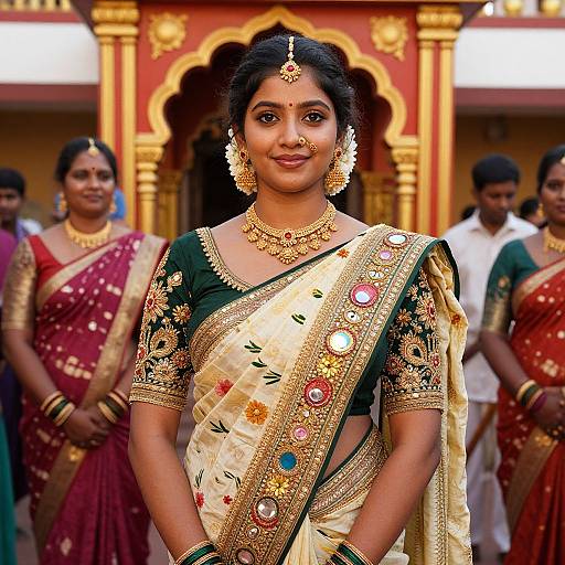 Photograph of an Indian bride in a gold and green traditional saree with intricate embroidery, wearing gold jewelry, standing in front of a red and gold