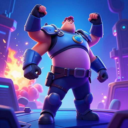 CGI cartoon of a muscular, chubby, police officer with dark blue armor, flexing in a futuristic, neon-lit cityscape with explosions in