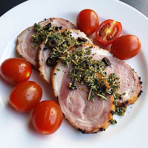 Photograph of grilled pork slices with rosemary and black pepper, served with fresh, red cherry tomatoes on a white plate.