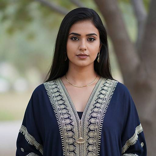 Photograph of a young South Asian woman with long black hair, wearing an ornately embroidered black blouse, standing outdoors against a blurred tree background.