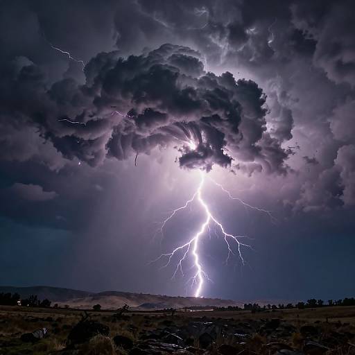 Photograph of a dramatic thunderstorm with a bright, jagged lightning bolt piercing dark, purple-tinged clouds over a dark, flat landscape.