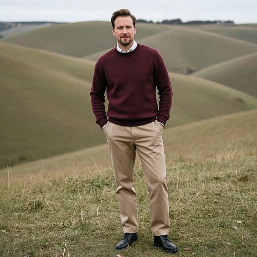 Photograph of a bearded man with short brown hair, wearing a maroon sweater, beige pants, black shoes, and white shirt, standing on