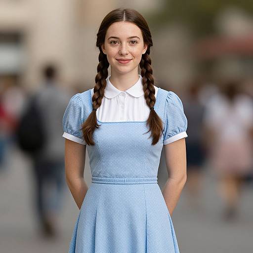 Photograph of a young woman with fair skin and brown hair in two braids, wearing a light blue, short-sleeved, white-coll