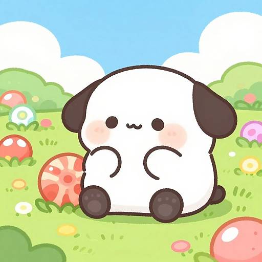 Cute, chubby, white and black cartoon dog with blushing cheeks sits in a colorful, sunny meadow with mushrooms and flowers. Digital art style