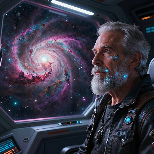 Photorealistic CGI of an older, white-bearded man with glowing blue facial markings, gazing at a vibrant, swirling galaxy through a spaceship window