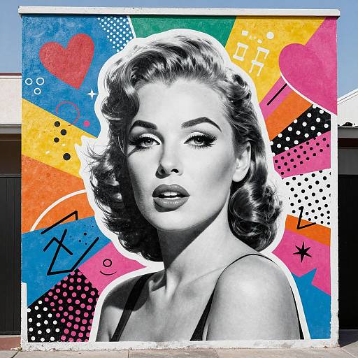 Black-and-white photo of 1950s-style woman with wavy hair, pop art background featuring colorful hearts, dots, and geometric shapes.