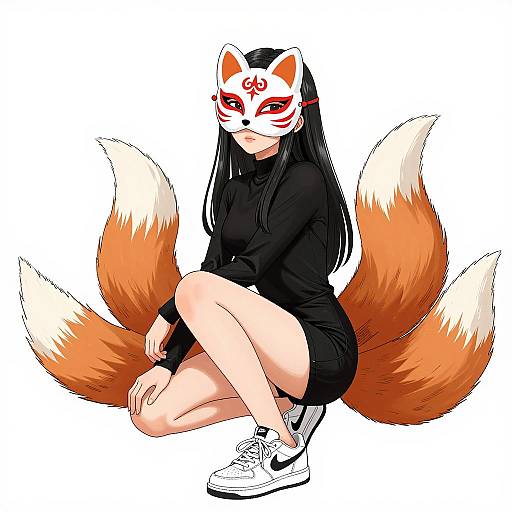 Mystical Girl in Fox Mask Illustration