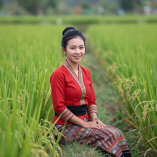 Photograph of an Asian woman with black hair in a bun, wearing a red traditional blouse and patterned skirt, smiling in a vibrant green rice field