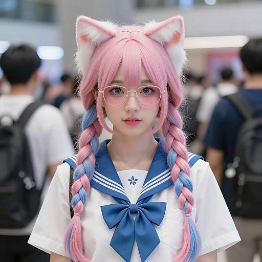 Young Woman with Colorful Braids and Cat Ears