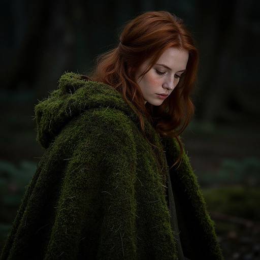 Photograph of a fair-skinned redheaded woman with wavy hair, wearing a green moss-covered cloak, looking down in a dark forest.