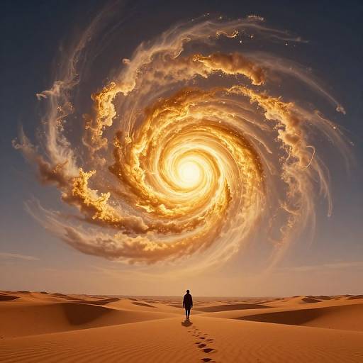 Photograph of a solitary figure in a desert, facing a massive, swirling, fiery tornado in the night sky. Sand dunes stretch out beneath.