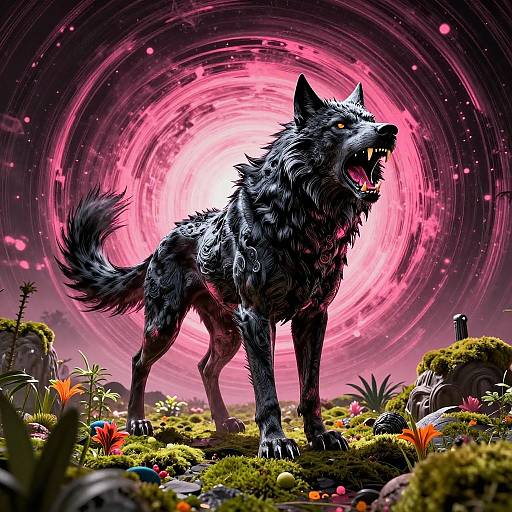 Digital art of a fierce, black wolf with glowing pink eyes, standing in a vibrant, mystical forest under a swirling, pink-purple vortex.