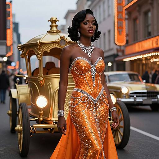 Photograph of a beautiful Black woman in a glittering orange evening gown and sparkling jewelry, standing in front of a golden carriage on a bustling city street