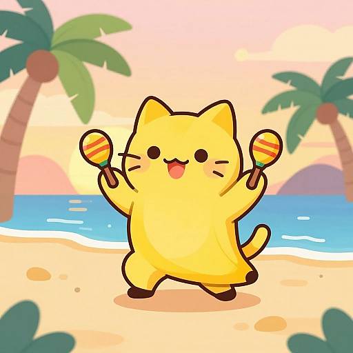 Cute yellow cartoon cat with a happy expression, holding beach balls, standing on a sandy beach with palm trees and ocean. Digital art, vibrant colors