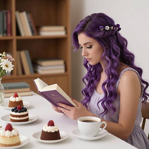 Photograph of a fair-skinned woman with long, wavy purple hair reading a book at a table with cakes and a cup of coffee in a