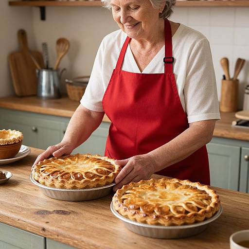 An elderly woman with short gray hair, wearing a red apron over a white shirt, smiles while placing a golden-brown apple pie on a wooden