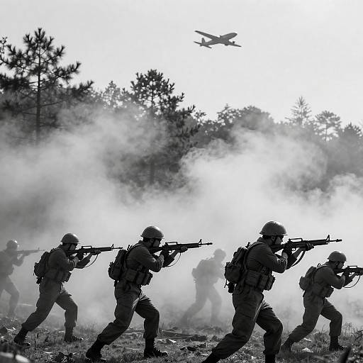 Black-and-White Soldiers Amid Smoke and Pines