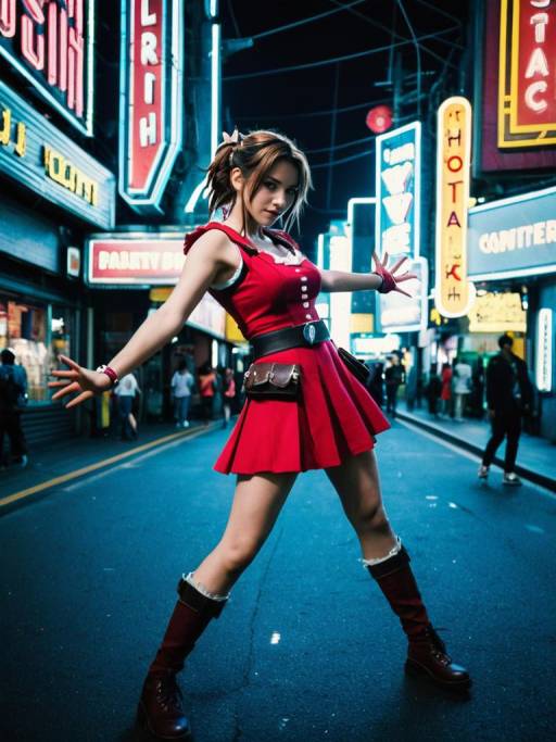 Dynamic Aerith Cosplay in Neon Lights