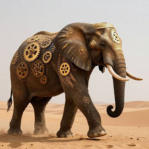Photograph of a realistic African elephant with intricate golden gears and patterns on its dark, textured skin, walking through a sunlit, sandy desert.