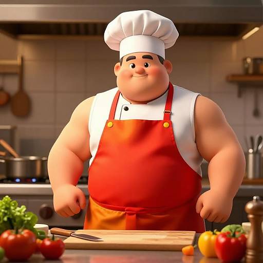 CGI image of a chubby, smiling male chef in a white hat and red apron, chopping vegetables in a brightly lit kitchen.