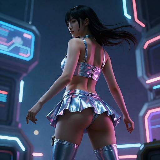 Futuristic Asian Woman in Metallic Skirt and Neon Setting