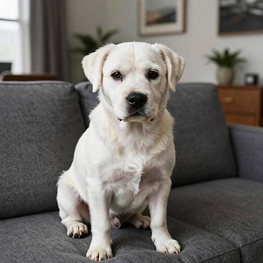 Photograph of a fluffy white puppy with black nose and expressive eyes sitting on a gray fabric couch in a cozy living room.