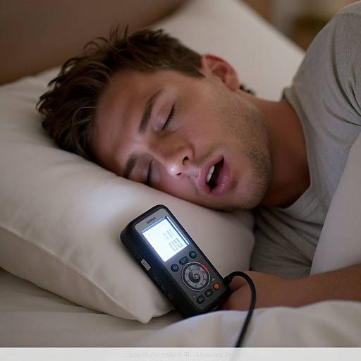 Photograph of a young, light-skinned man with short brown hair, eyes closed, and mouth slightly open, sleeping on a white pillow, holding
