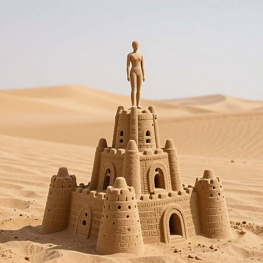Photograph of a detailed sandcastle with turrets and arches, topped by a nude, faceless human figurine, standing in a sunlit