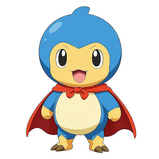 Digital illustration of a cute, blue, chubby Pokémon with a yellow belly, large black eyes, and a red cape, standing against a white background.