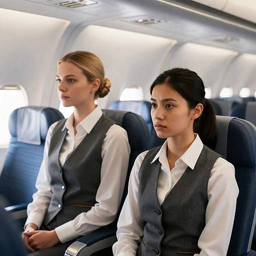 Two Female Flight Attendants Seated in Airplane Cabin