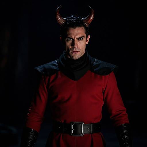 Photograph of a serious-looking man with dark hair, wearing a red outfit, black gloves, and a horned helmet, set against a black background