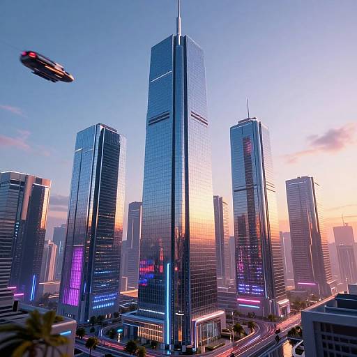 Photorealistic CGI of a futuristic cityscape at sunset, featuring towering blue-glass skyscrapers with neon lights, a flying black drone, and