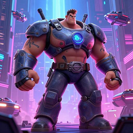 CGI image of a muscular, tattooed man in futuristic, metallic armor with glowing blue chest emblem, standing in neon-lit cityscape with hovering
