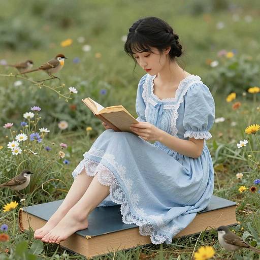 Young woman reading on oversized book in wildflower field
