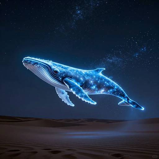 Digital artwork of a glowing, blue, bioluminescent whale flying through a starry night sky over a dark, sandy desert.