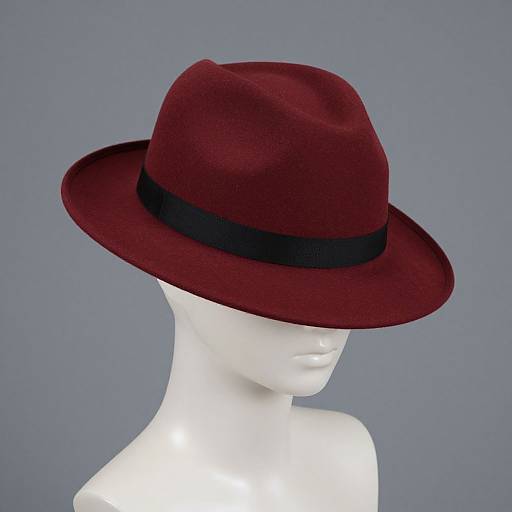 Photograph of a white mannequin head wearing a deep burgundy fedora with a black band, set against a plain gray background.